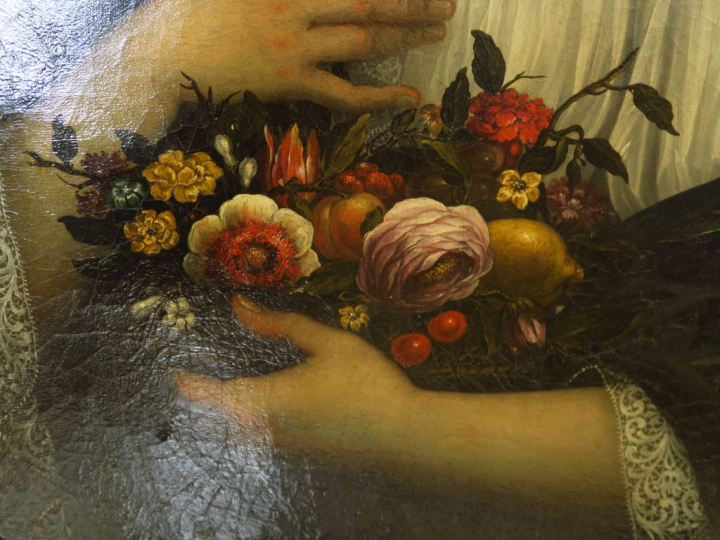 Ecole italienne vers 1700 "Portrait de femme portant une corbeille de 