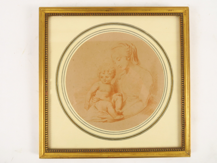 Ecole française XIXème "Jeune mère et son enfant" Lithographie.  Diam.