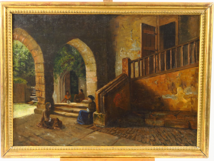 Ecole française fin XIXème - début Xxème "Le patio" Huile sur toile.  