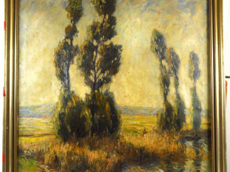 Vente aux enchères O. PIPEL. "Bord de rivière animé". Huile sur toile, signée en bas à dr