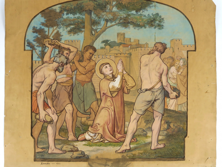 A. PERRODIN « Saints martyrs » Ensemble de 3 aquarelles.  Signées et d