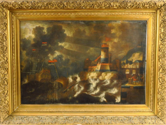 Vente aux enchères Ecole hollandaise XVIIème  "Marine" Huile sur toile. Dim. 54,5 x 81,5 