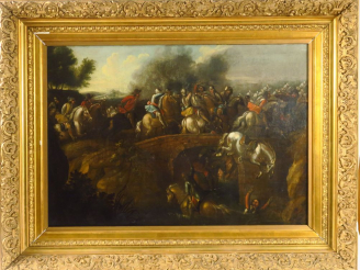 Vente aux enchères Ecole hollandaise XVIIème "Scène de bataille" Huile sur toile. 55 x 80