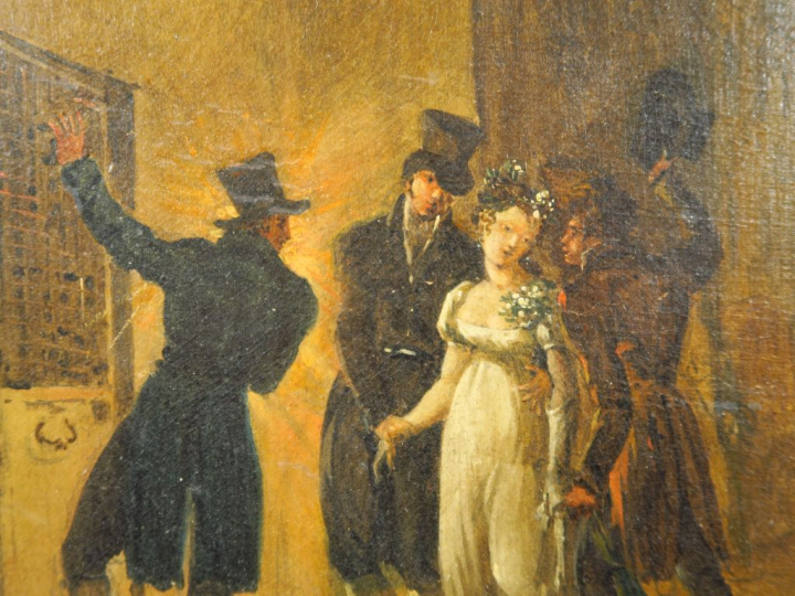 Ecole française XIXème "Le retour" Huile sur toile, marouflée sur cart