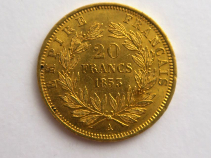 1 pièce 20 fcs or 1853 A