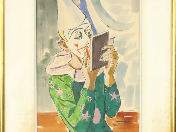 M.G PONCELET "Arlequin" Aquarelle. Signée en bas à gauche et datée 57.