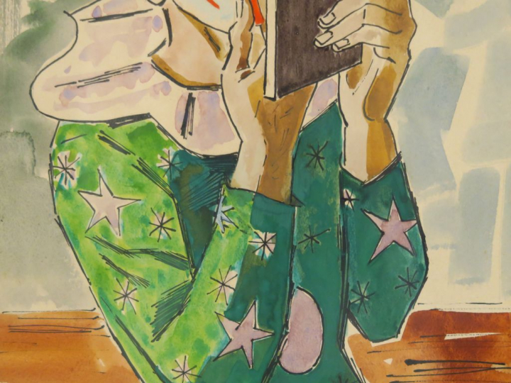 M.G PONCELET "Arlequin" Aquarelle. Signée en bas à gauche et datée 57.
