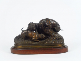 Vente aux enchères P.J. MENE. "Chasse au lapin". Groupe en bronze à patine médaille. Sign