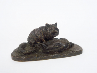Vente aux enchères PJ. MENE. "Renard et coq". Groupe en bronze à patine brune. Signé. Dim
