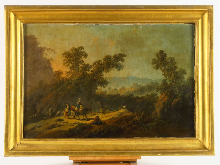 	Jean PILLEMENT. « Paysage animé » Huile sur toile, signée en bas à ga