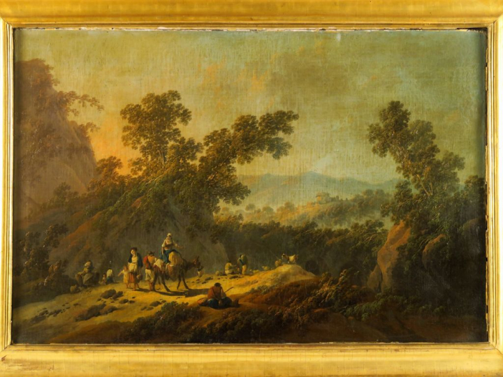 	Jean PILLEMENT. « Paysage animé » Huile sur toile, signée en bas à ga
