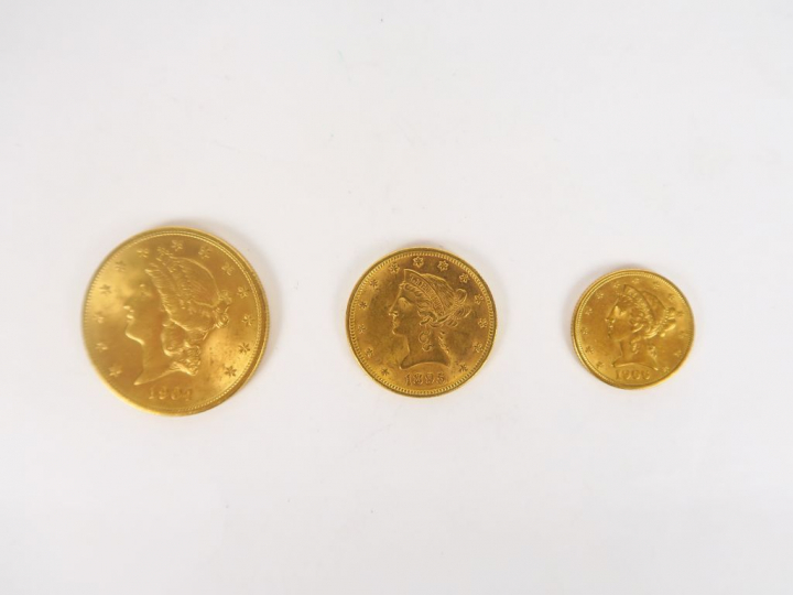 Lot comprenant :  - une pièce de 20 Dollars or, 1904 - une pièce de 10