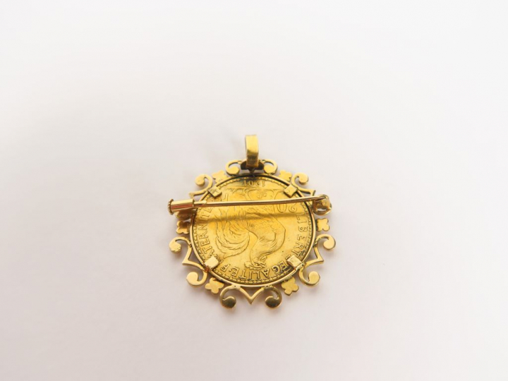 Broche en or jaune, ornée d'une pièce de 20 Francs or, 1901. Poids. 9,