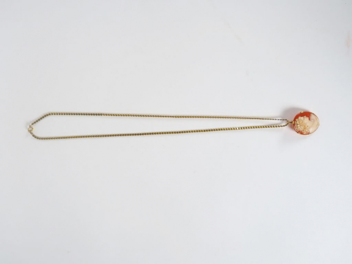 Broche camée coquillage 'profil de femme'.  Monture en or, chaine en m