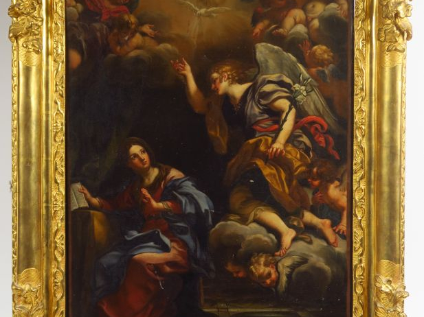Ecole italienne XVIIème. "L'annonciation". Huile sur toile, dans un ca