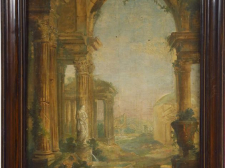 Vente aux enchères Ecole italienne XIXème. "Ruines antiques". Huile sur toile.  Dim. 51,5
