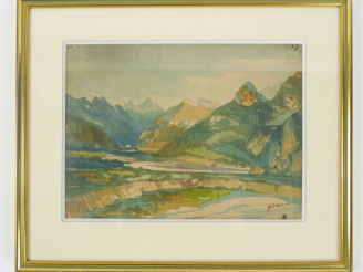 Vente aux enchères Ecole italienne Xxème. "Les Dolomites". Aquarelle, signée en bas à dro