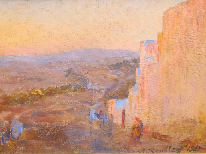 A. ROUBTZOFF. "Paysage au crépuscule". Huile sur toile, signée en bas 