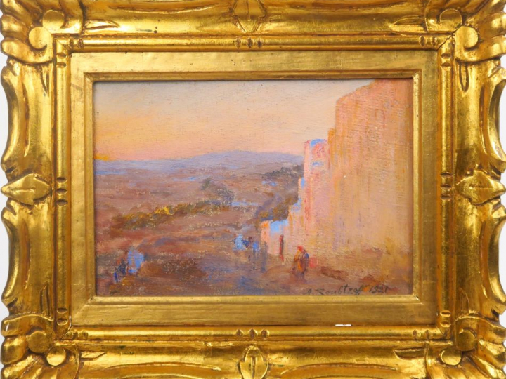A. ROUBTZOFF. "Paysage au crépuscule". Huile sur toile, signée en bas 