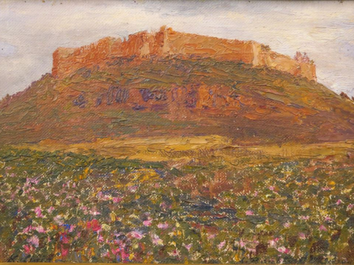 A. ROUBTZOFF. "Vue de ksar". Huile sur toile marouflée sur carton, sig
