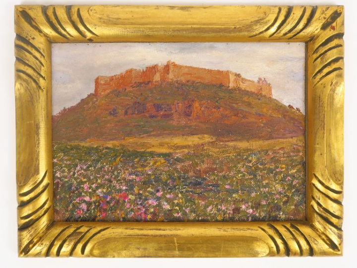 A. ROUBTZOFF. "Vue de ksar". Huile sur toile marouflée sur carton, sig