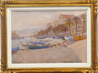 Vente aux enchères A. ROUBTZOFF. "La plage de Nice". Huile sur toile marouflée sur carton