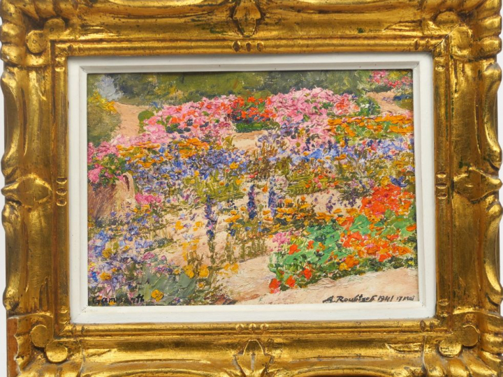 A. ROUBTZOFF. "Vue de jardin fleuri". Huile sur toile marouflée sur ca