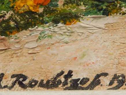 A. ROUBTZOFF. "Vue de jardin fleuri". Huile sur toile marouflée sur ca