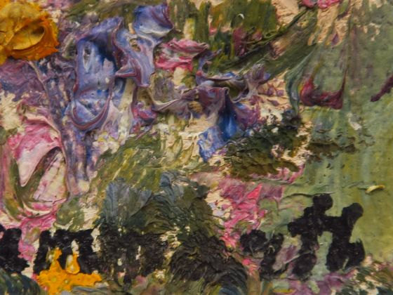 A. ROUBTZOFF. "Vue de jardin fleuri". Huile sur toile marouflée sur ca