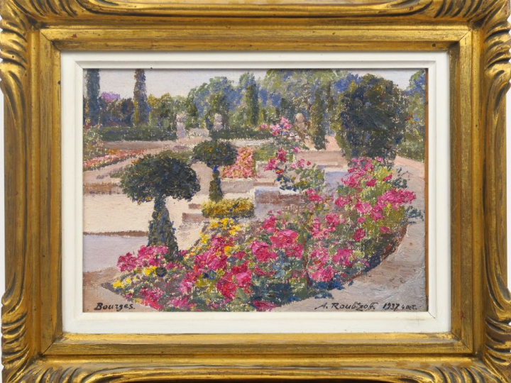 A. ROUBTZOFF. "Vue de parc à Bourges". Huile sur toile marouflée sur p