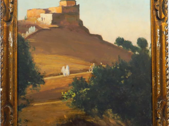 Ecole orientaliste Xxème. "Personnages cheminant vers la médina". Huil
