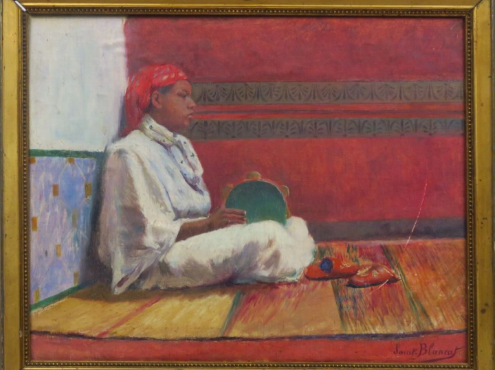 SAINT BLANCAT. "Joueuse de tambourin". Huile sur panneau, signée en ba