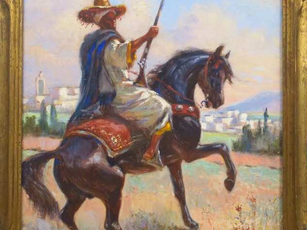 MATTEO BRONDY. "Cavalier arabe". Huile sur panneau, signée en bas à dr