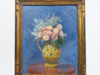 Vente aux enchères G. DUREL. "Nature morte au pichet et aux fleurs". Huile sur toile, sig