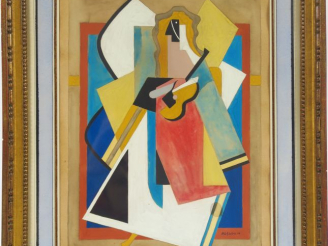 Vente aux enchères A. GLEIZES. "Le guitariste".  Aquarelle, signée en bas à droite et dat