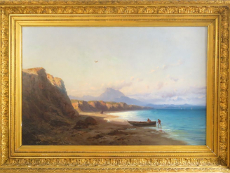 Vente aux enchères GODCHAUX. "Bord de mer animée". Huile sur toile, signée en bas à gauch