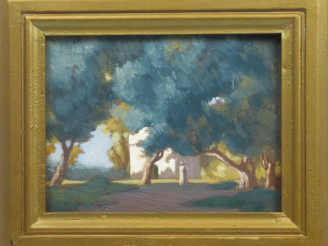 Vente aux enchères R.C. QUESNEL. "Personnage cheminant dans un parc".  Huile sur panneau,