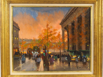 Vente aux enchères H. SCHAEFFER. "La place de la Madeleine animée". Huile sur toile, sign