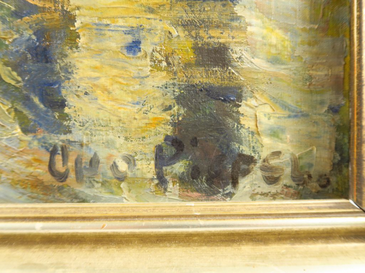 O. PIPEL. "Bord de rivière animé". Huile sur toile, signée en bas à dr