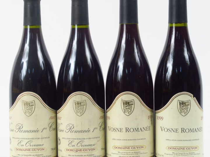 4 BOUTEILLES VOSNE ROMANEE GUYON : 2 de 1999 - 2 de 1er CRU 'EN ORVEAU