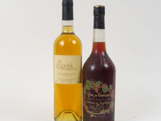 Vente aux enchères 2 BOUTEILLES : 1 FLOC DE GASCOGNE ROUGE - 1 MUSCAT MOELLEUX SOLEIL DES