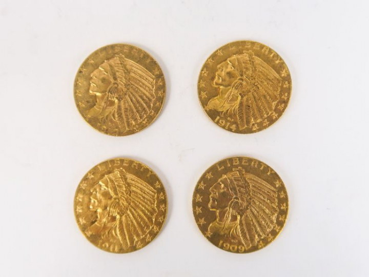 4 pièces de 5 dollars or tête d'indien, 1909, 1911, 1912, 1914.  FRAIS