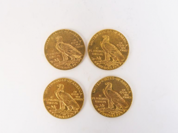 4 pièces de 5 dollars or tête d'indien, 1909, 1911, 1912, 1914.  FRAIS