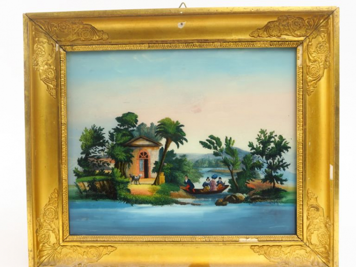 "La promenade en barque" Paire de fixés sous verre Restauration. Dans 