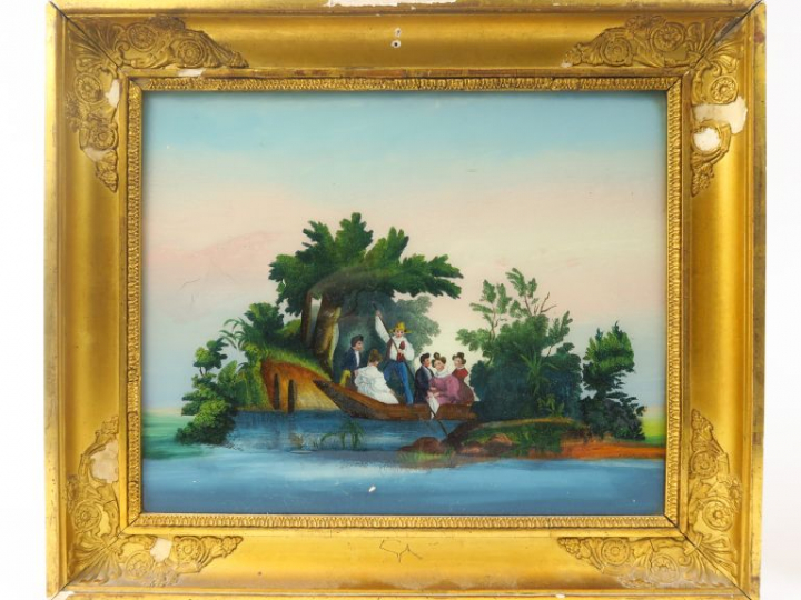 "La promenade en barque" Paire de fixés sous verre Restauration. Dans 
