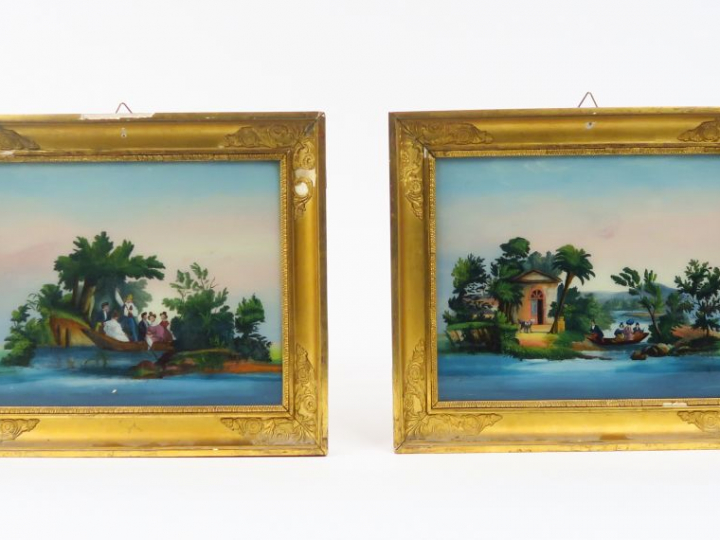 "La promenade en barque" Paire de fixés sous verre Restauration. Dans 