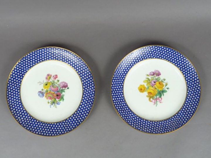 Paire d'assiettes en porcelaine de Sèvres à fond œil de perdrix, à déc