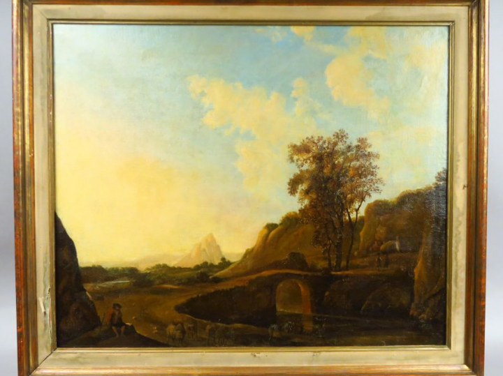 Ecole française XVIIIème.  "Paysage animé".  Huile sur toile. Dim. 65 