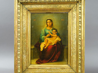 Vente aux enchères Ecole roumaine XIXe. "Vierge à l'enfant".  Huile sur panneau. Dim. : 3