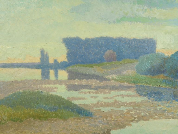P. COSTES. "Paysage lacustre".  Huile sur toile, signée en bas à droit